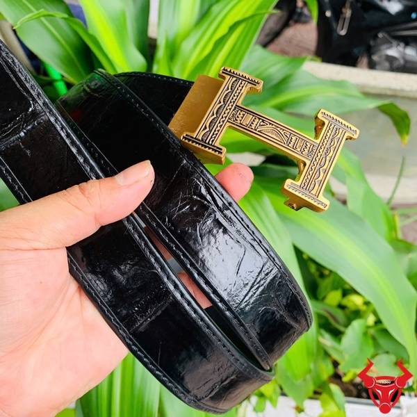 Hình ảnh thắt lưng da cá sấu TSK103, khóa thép mạ vàng, cầm trên tay giữa lá xanh và nền sáng.