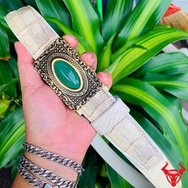 Hình ảnh thắt lưng da cá sấu bạch tạng TSK95, mặt khóa đồng nguyên chất, cầm trên tay giữa lá xanh.