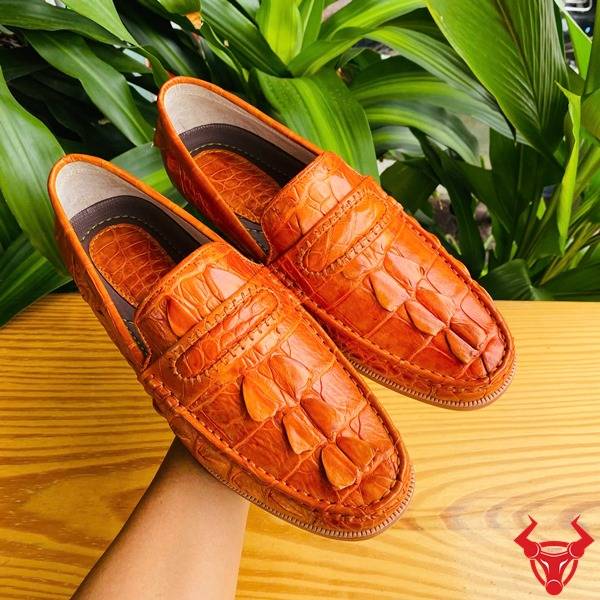 Ảnh đôi giày tây GCA2 da cá sấu gai đuôi màu vàng cam, nền lá, cao cấp đẳng cấp quý ông.