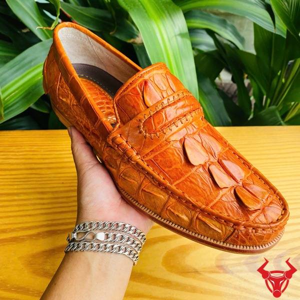 Hình đôi giày tây GCA2 da cá sấu gai đuôi màu vàng cam trên chân, nền lá, cao cấp đẳng cấp quý ông.