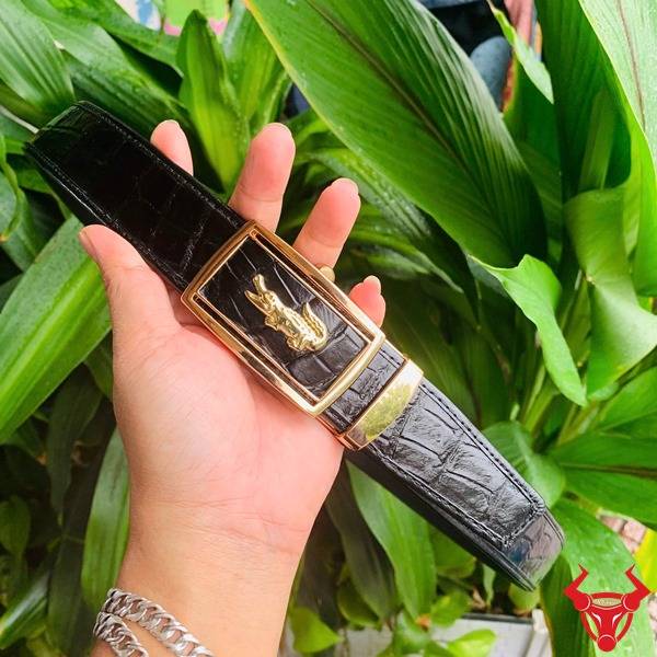 Hình ảnh thắt lưng đen họa tiết cá sấu FBA9B2, khóa vàng con thỏ, chụp cận cảnh trên tay.