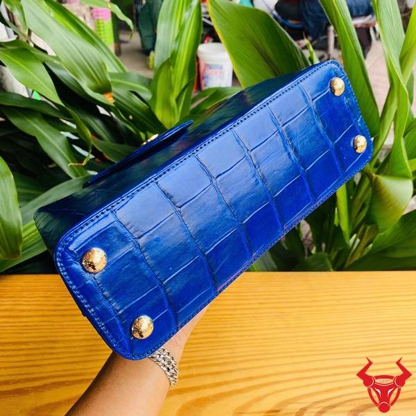 Ảnh túi xách da cá sấu bóng kính màu xanh navy, nền lá xanh, cao cấp sang trọng quý phái.