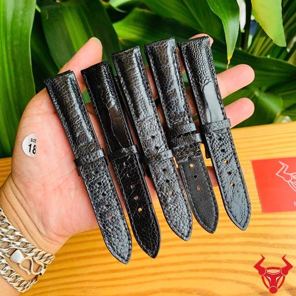 Dây đồng hồ da chân đà điểu size 18mm màu đen cao cấp.