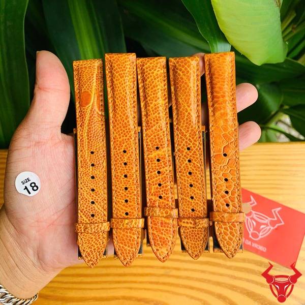 Dây đồng hồ da chân đà điểu size 18mm màu vàng bò sang trọng.