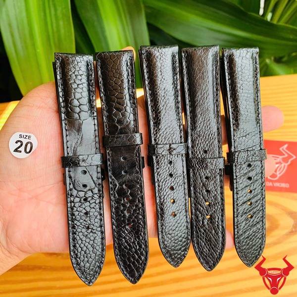 Dây đồng hồ da đà điểu 20mm đen sang trọng.