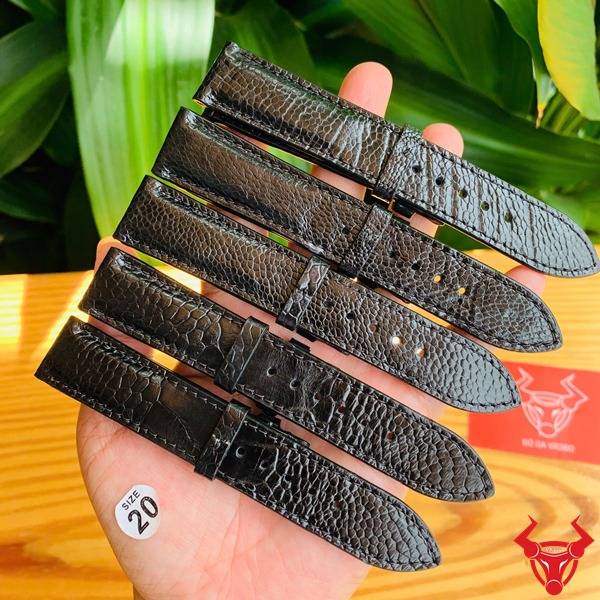 Dây đồng hồ nam da đà điểu 20mm màu đen.