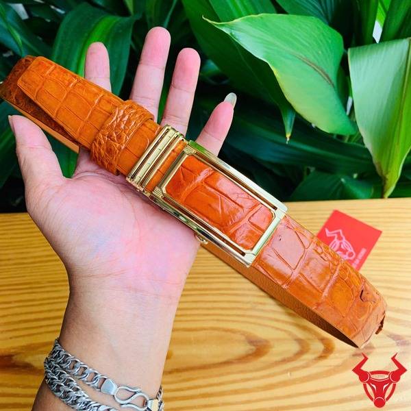 Thắt lưng nam cá sấu bò cam mặt khóa trơn.