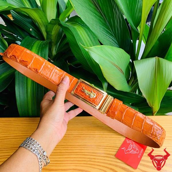 Thắt lưng cá sấu mặt khóa sang trọng màu bò cam.
