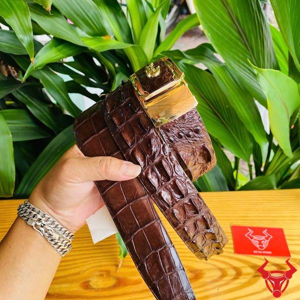 Thắt lưng cá sấu gù liền bản rộng màu nâu đất.