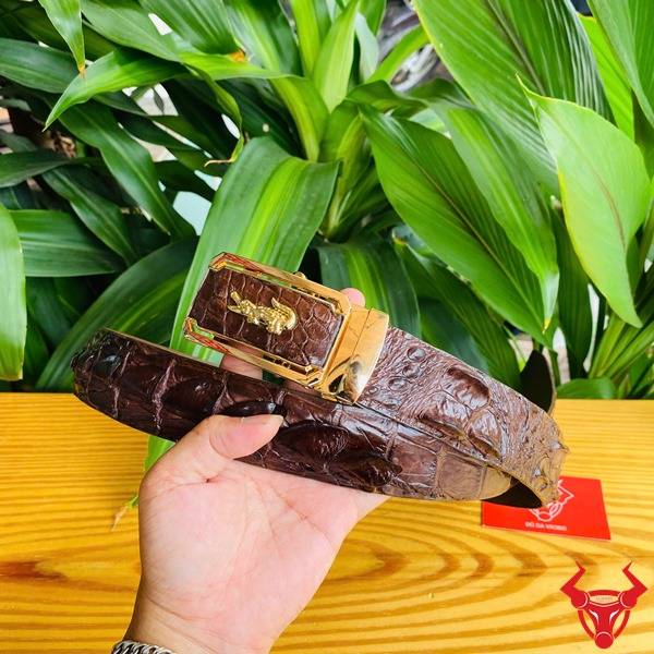 Thắt lưng nam da cá sấu gù liền màu nâu đất.