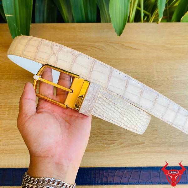 Thắt Lưng Cá Sấu Bạch Tạng Khóa Kim Vàng Thời Thượng Thắt lưng da cá sấu sang trọng màu bạch tạng.