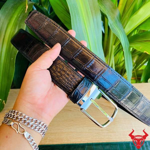 Thắt lưng cá sấu thật màu đen khóa kim cao cấp, lịch lãm.