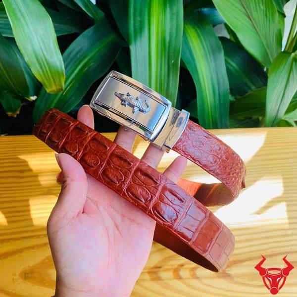 Thắt Lưng Nam Da Cá Sấu Thật Nâu Đỏ Khóa Trắng Tinh Tế Thắt lưng da cá sấu thật màu nâu đỏ khóa trắng tinh tế.
