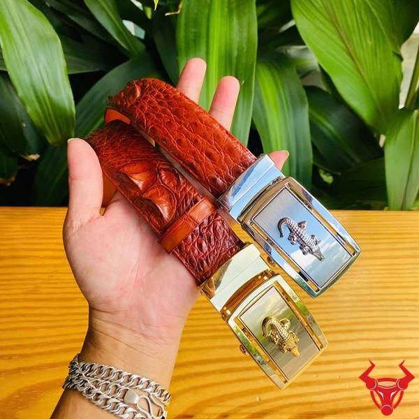 Thắt Lưng Da Cá Sấu Cao Cấp – Màu Nâu Đỏ Khóa Hợp Kim Trắng Thắt lưng nam da cá sấu thật màu nâu đỏ khóa trắng tinh xảo.