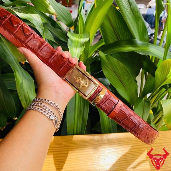 Thắt Lưng Da Cá Sấu Nâu Đỏ Khóa Vàng – Biểu Tượng Phong Cách Thắt lưng da cá sấu cao cấp màu nâu đỏ khóa vàng tinh tế.