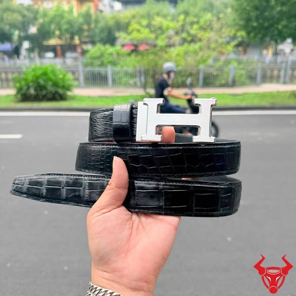 Thắt lưng da bụng cá sấu khóa ray trượt chữ H.