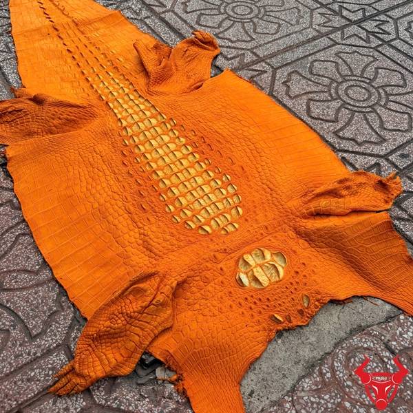 Da cá sấu nguyên tấm size 51 màu vàng cam dày dặn bền bỉ