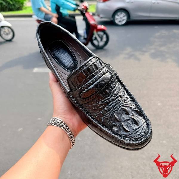 Giày lười nam da cá sấu gù màu đen đế cao 7cm cao cấp GCA4