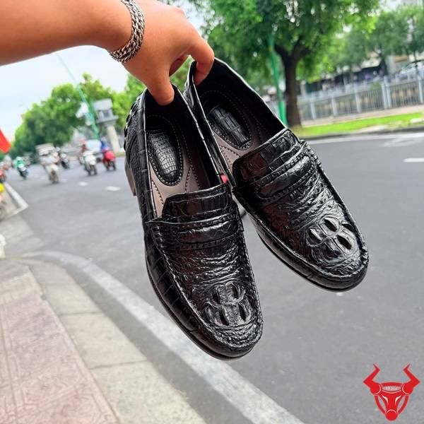 Giày lười nam da cá sấu gù màu đen đế cao 7cm GCA4