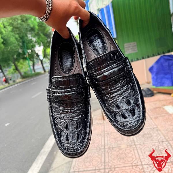 Giày lười da cá sấu gù màu đen đế cao 7cm thời trang GCA4