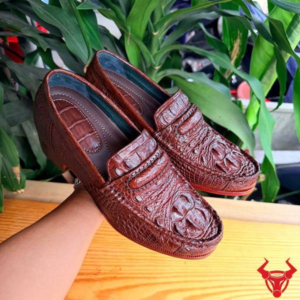 Giày lười nam màu nâu đất da cá sấu gù cao cấp