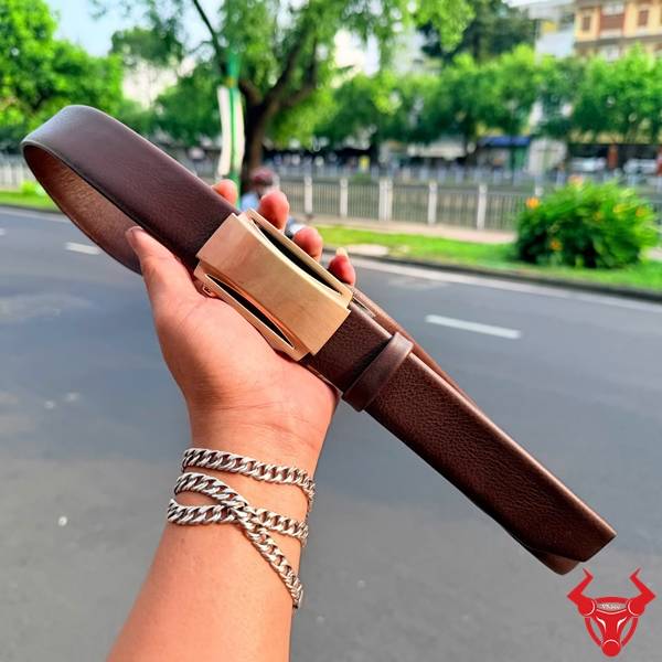 Thắt lưng nam da bò Nappa màu nâu khóa tự động ray nhựa bền đẹp