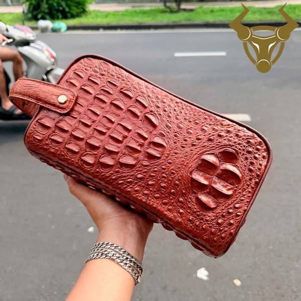 Túi clutch hộp da cá sấu màu nâu đỏ sang trọng cao cấp