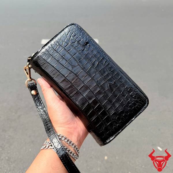 Ví cầm tay da cá sấu đen khóa kéo 2 ngăn tiện dụng
