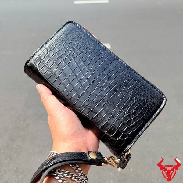 Ví cầm tay da cá sấu 2 ngăn kéo màu đen cao cấp
