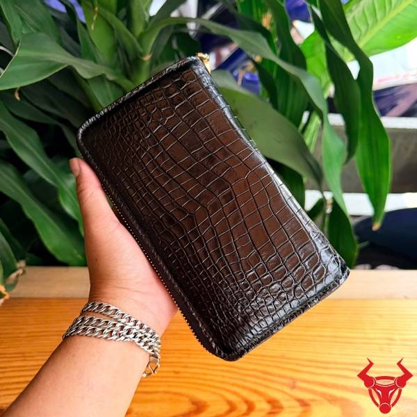 Ví cầm tay da bụng cá sấu đen đa năng 2 ngăn kéo