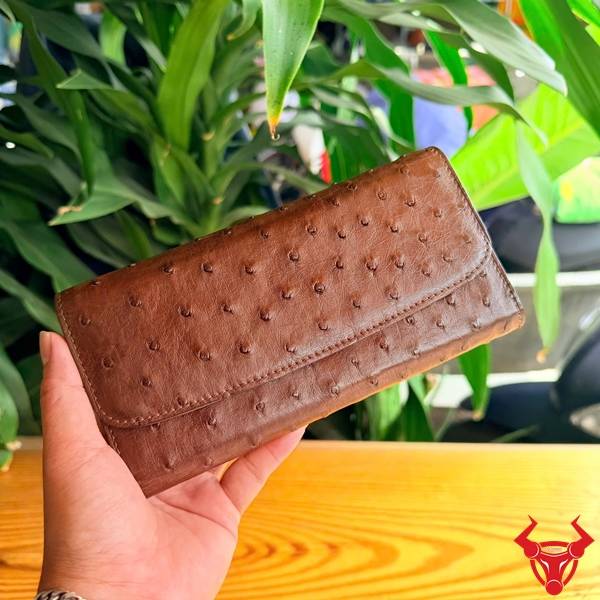 Ví nữ da đà điểu 3 gấp thời trang màu nâu đất