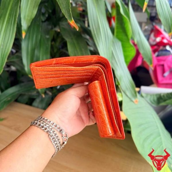 Ví nam da bụng cá sấu thật màu cam cao cấp hai mặt.