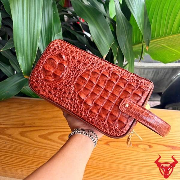 Túi clutch hộp da gù lưng cá sấu CGA4 màu nâu đỏ phong cách hiện đại.