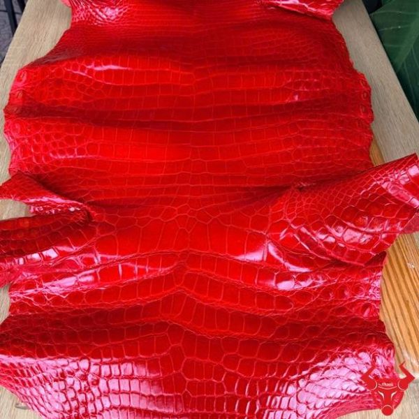 Da cá sấu bóng kính cao cấp màu đỏ size 5 nhỏ có vân đều và đẹp mắt.