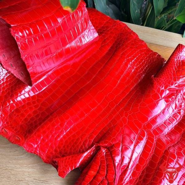 Tấm da cá sấu bóng kính size 5 nhỏ màu đỏ với kết cấu chắc chắn và vân đẹp.