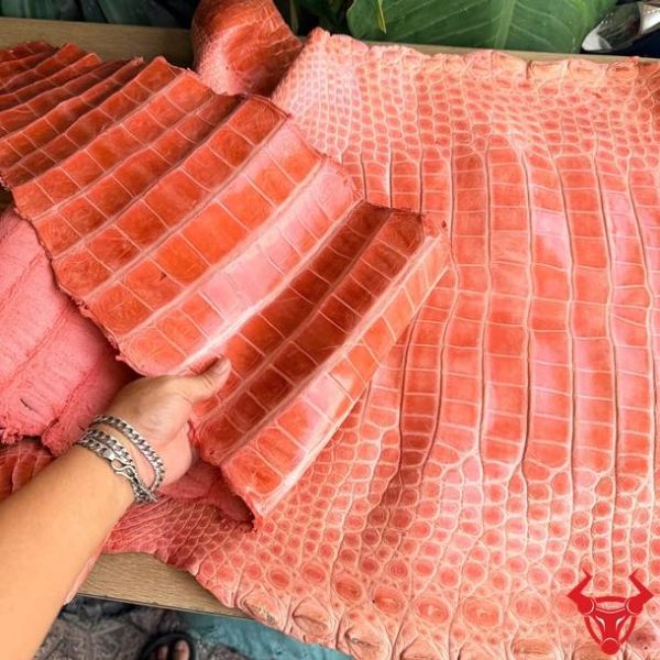 Da cá sấu bóng kính size 5X bỏ gai màu hồng với bề mặt bóng đẹp và vân tự nhiên.