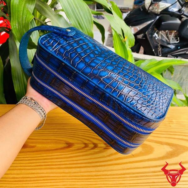 Túi clutch hộp da bụng cá sấu CGA8 màu xanh Patina thời trang cao cấp.