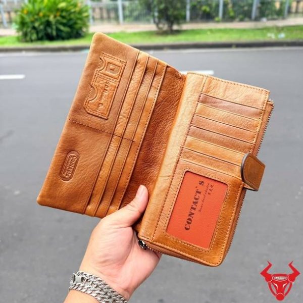 Ví cầm tay nữ da bò VICT02 màu nâu bò bền đẹp, thời trang cao cấp.