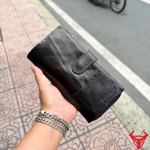 Ví cầm tay nữ dáng dài da bò VICT02 màu nâu đen cao cấp, thiết kế thanh lịch.