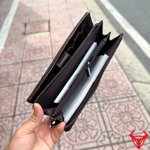 Ví nữ dáng dài da bò VICT02 màu nâu đen phong cách hiện đại.