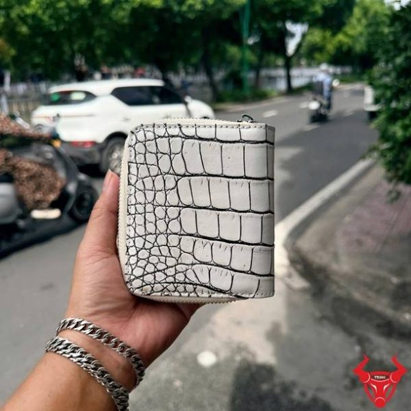 Ví da cá sấu nữ dáng ngắn da Thái Lan vân nhỏ màu trắng đen VRBA8 cao cấp