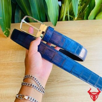 Thắt Lưng Liền Da Bụng Cá Sấu Bản 3.8cm Màu Xanh Navy Khóa Kim