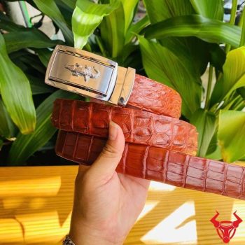 Thắt Lưng Liền Da Cá Sấu Màu Nâu Đỏ 3,5cm Khóa Trắng Hợp Kim