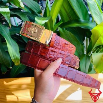 Thắt Lưng Liền Da Cá Sấu Màu Nâu Đỏ 3,5cm Khóa Vàng Hợp Kim