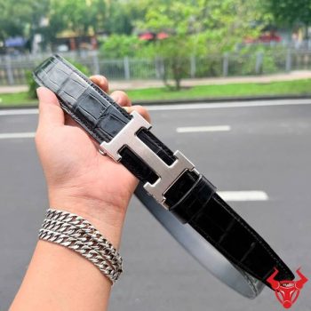 Thắt Lưng Liền Da Cá Sấu TSK103 Khóa Ray Trượt Tự Động Chữ H Trắng