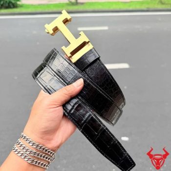 Thắt Lưng Liền Da Bụng Cá Sấu TSK103 Khóa Thép Ray Trượt Chữ H Vàng