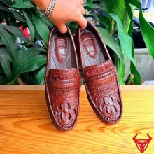 Giày lười da cá sấu gù màu nâu đất đế cao 7cm sang trọng