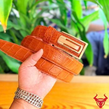 Thắt Lưng Da Cá Sấu Thái Lan – Dây Liền – Mặt Khóa Thép Bấm Lỗ TSK131-A Màu Vàng Cam