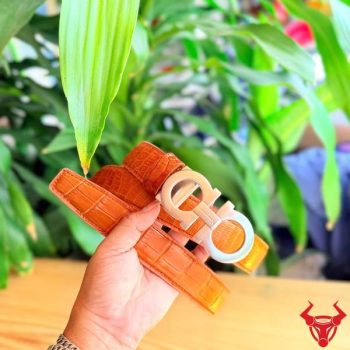 Thắt Lưng Da Cá Sấu Thái Lan – Dây Liền – Mặt Khóa Thép Bấm Lỗ TSK90 Màu Vàng Cam