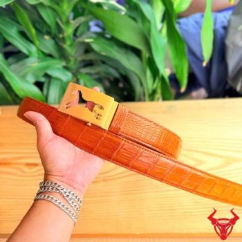 Thắt Lưng Da Cá Sấu Thái Lan – Dây Liền – Mặt Khóa Lăn Đồng Đúc TSK4 Màu Vàng Cam